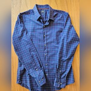 Hugo BOSS dress shirt. Men's LARGE, Sharp Fit, Navy blue with red&white check